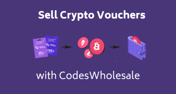Violet blogpost cover with cryptocurrency-related icons and text: sell crypto vouchers with codeswholesale