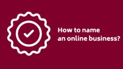 A burgundy-red blogpost cover with sticker icon and text: how to name an online business?